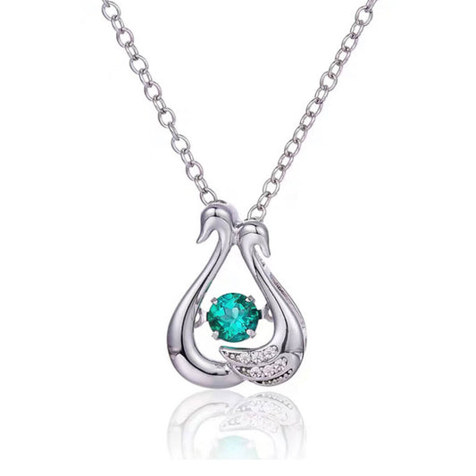 White Gold Two Swan Hollow Beating Emerald Chain