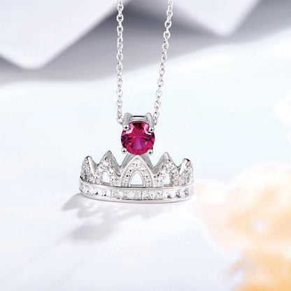 Sterling Silver Necklace with Ruby Round Stones Full Diamonds Crown Pendants