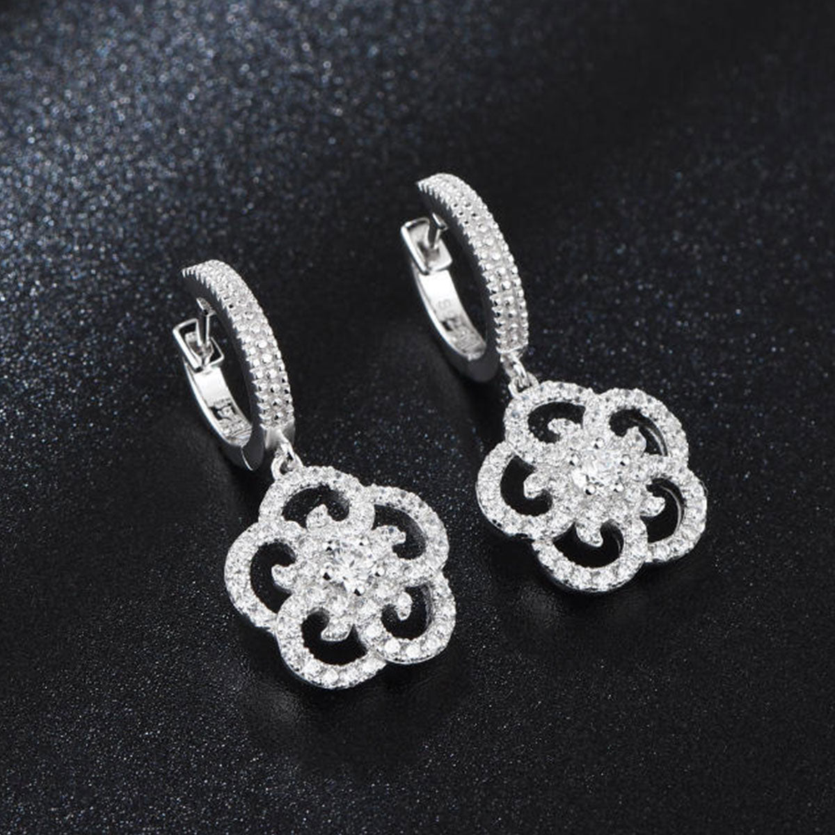 White Gold Hollow Flower Shape Full Stones Dangle Earrings