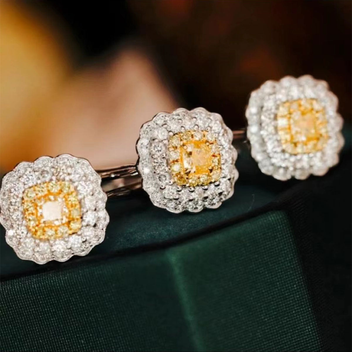 White Gold Cushion Shape Layered Stones Yellow Gem Halo Ring