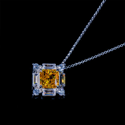 White Gold Square Cut Yellow Gem Halo Pendant Chain