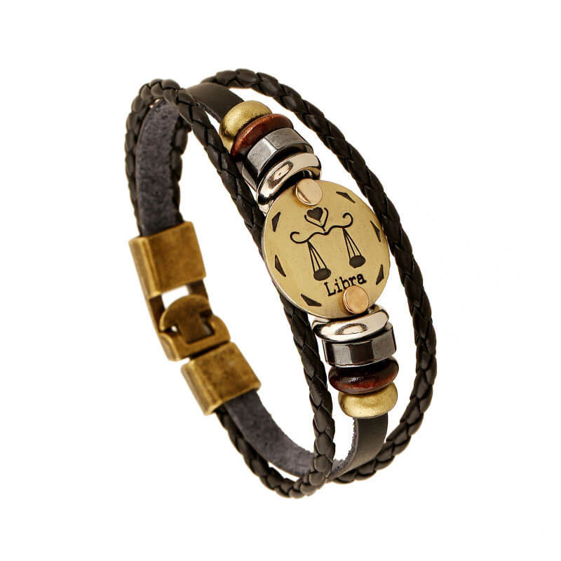 Zodiac Cowhide Simple Multi-layer Retro Braided Couple Leather Bracelet