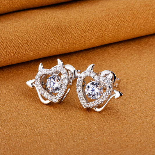 White Gold Little Demon Heart Shape Beating Hollow Stud Earrings