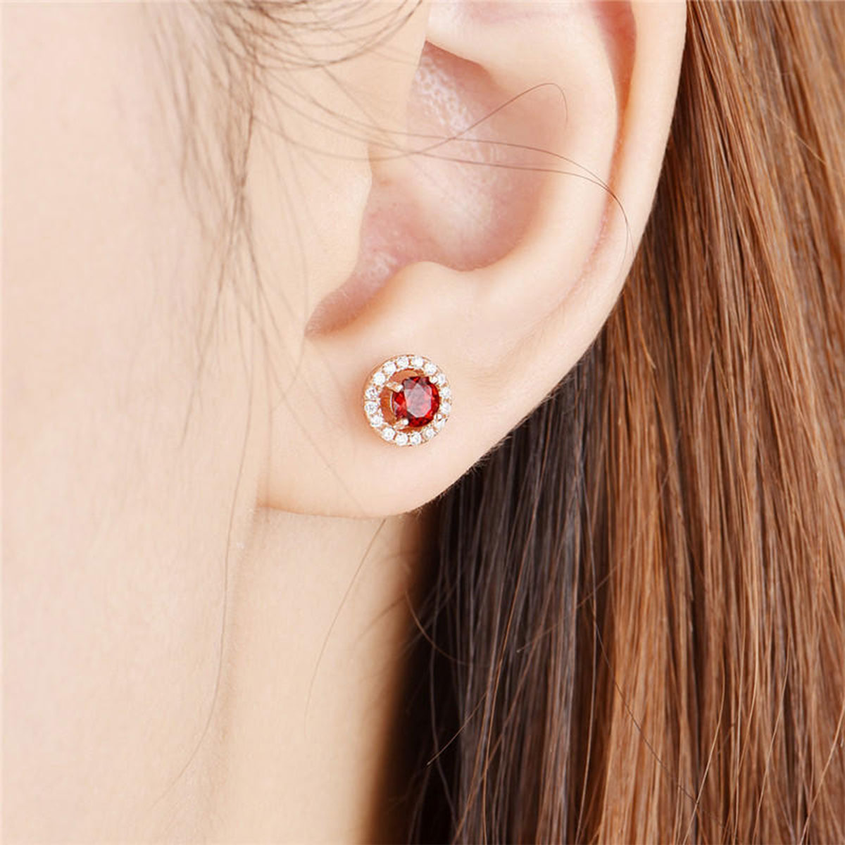 Rose Gold Ruby Gem Full Stones Circle Stud Earrings