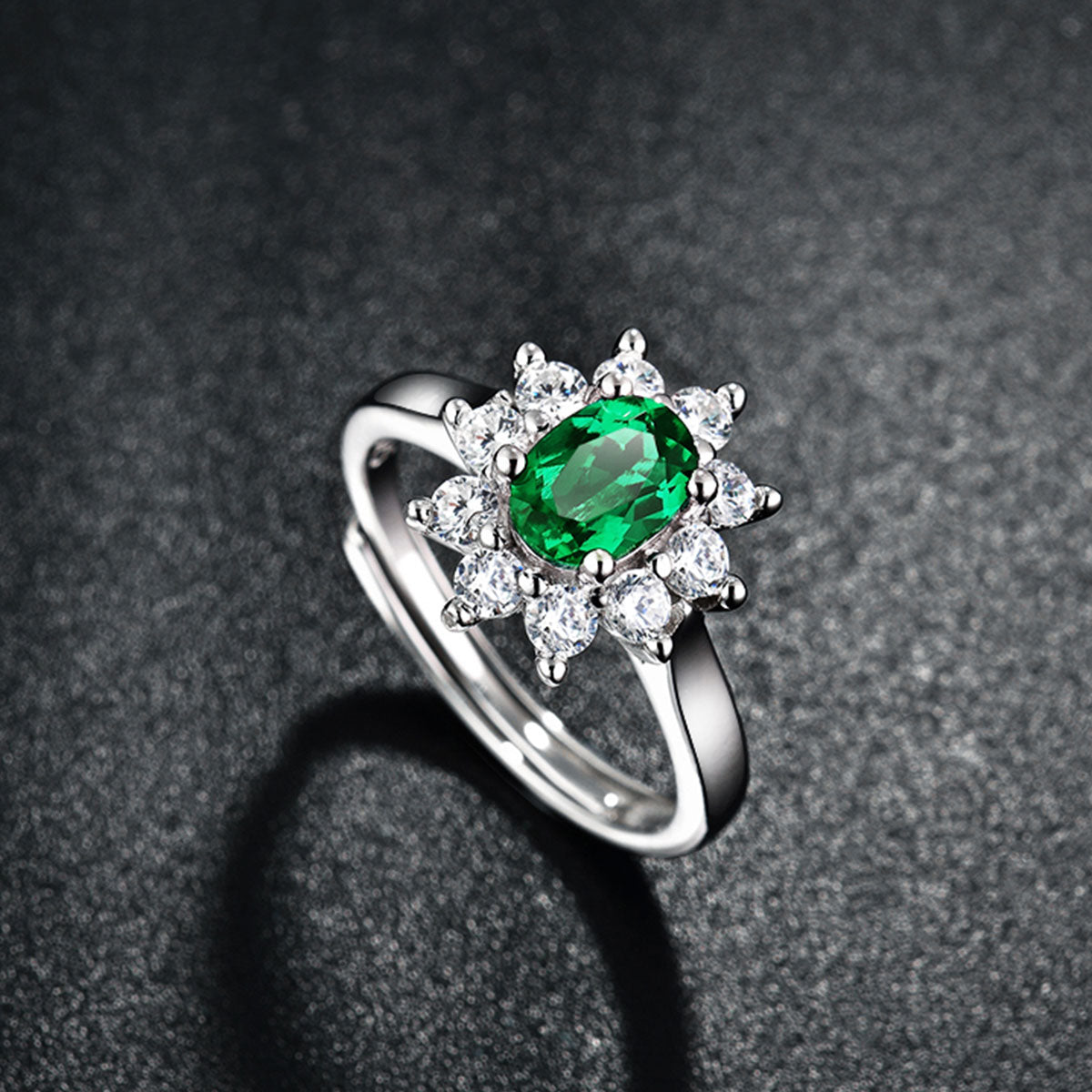 White Gold S925 Silver Sunflower Shape Olive Cut Emerald Ring