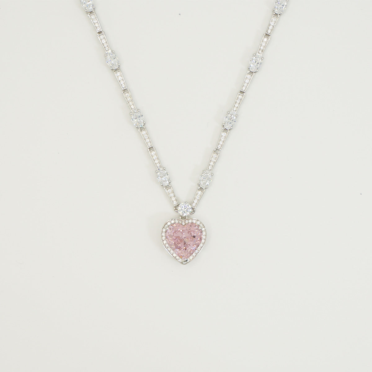 White Gold S925 Pink Gem Heart Stones Pendants Necklace