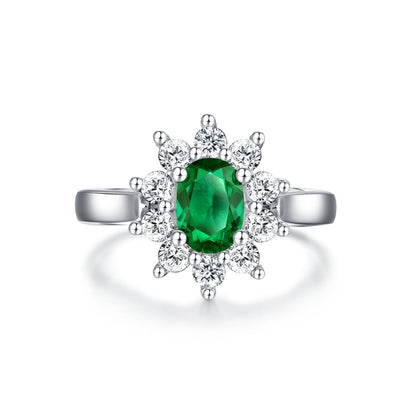 White Gold S925 Silver Sunflower Shape Olive Cut Emerald Ring