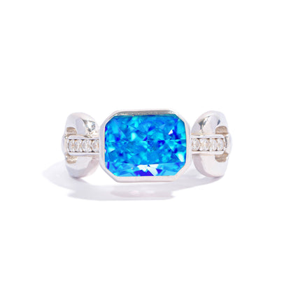 White Gold Bezel Setting Blue Gem Retro Ring