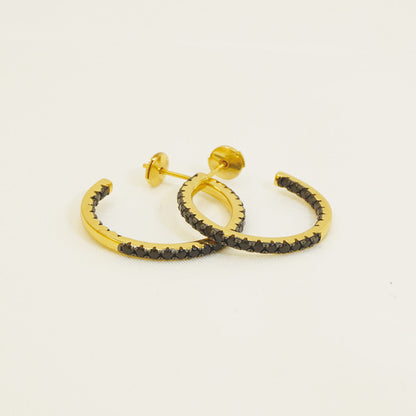 Golden Hammered Triple Black Stones Hoop Earrings