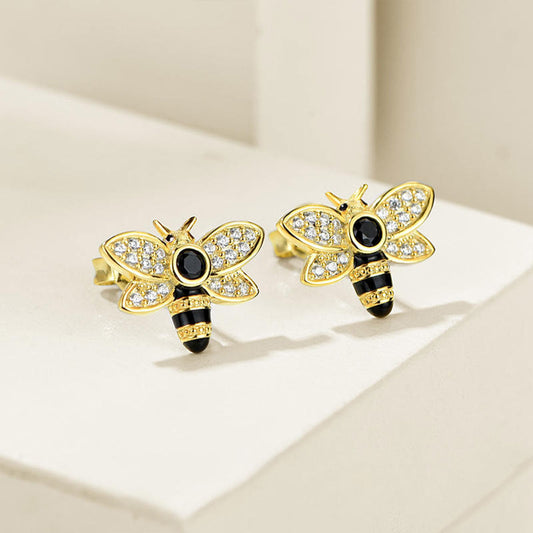 Gold Cute Bee Shape Full Stones Snap Stud Earrings