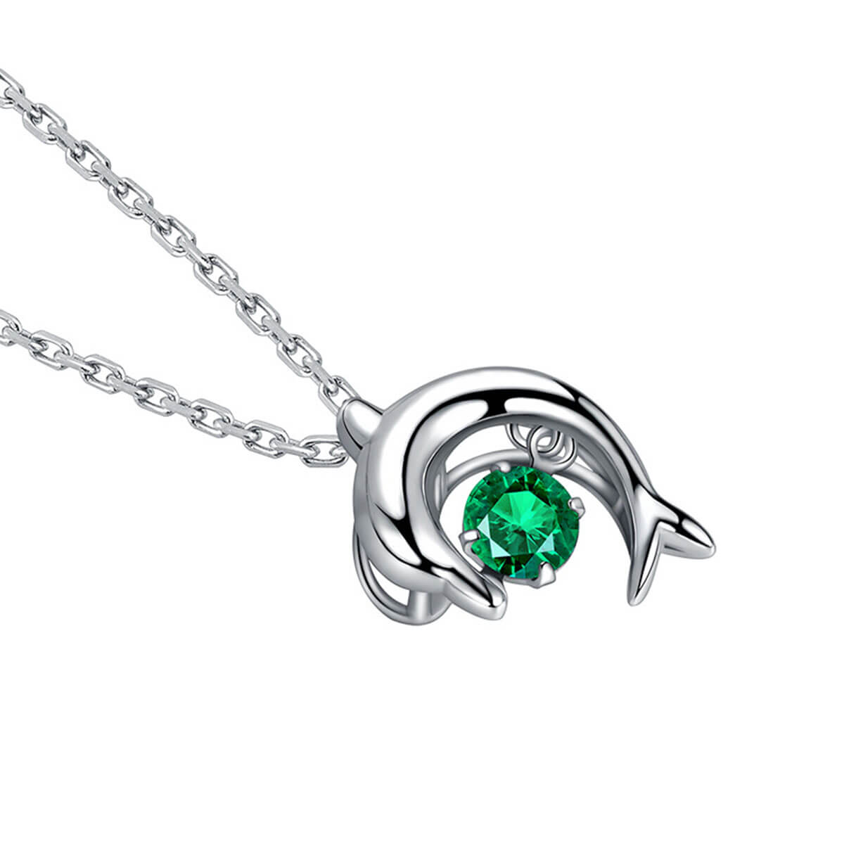 White Gold Dolphin Shape Beating Emerald Chain