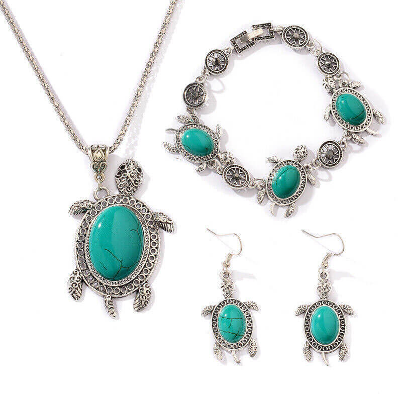 Turquoise Turtle Pendant Earring Bracelet Necklace 3 PCS Set