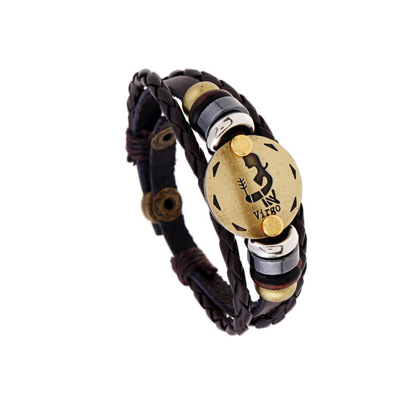 Hand Beaded Zodiac Cowhide Braided Adjustable Fashion Leather Bracelet