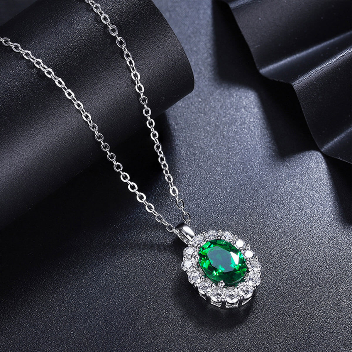 White Gold Oval Cut Emerald Halo Pendant Chain