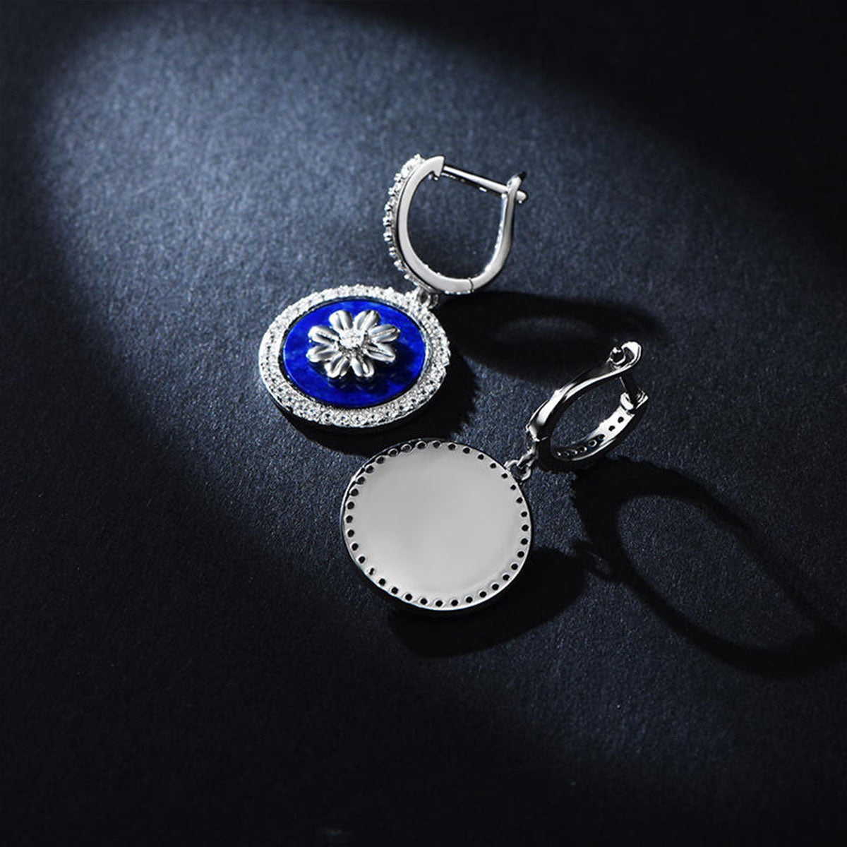 White Gold Flower Totem Lapis Lazuli Dangle Earrings