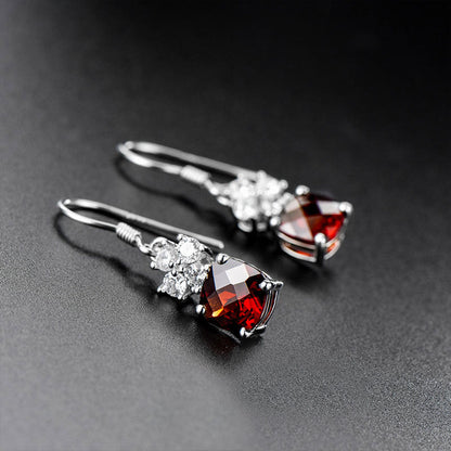 White Gold Square Ruby Garnet Dangle Earrings