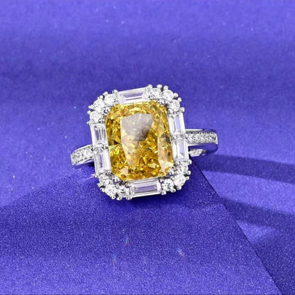 White Gold Rectangle Yellow Gem Adjustable Halo Ring