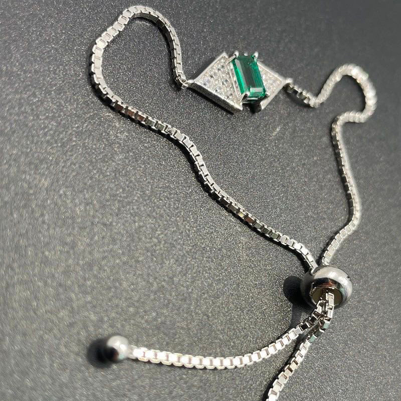 White Gold Geometric Emerald Gem Adjustable Link Bracelet