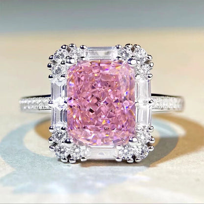 White Gold Rectangle Pink Gem Adjustable Halo Ring