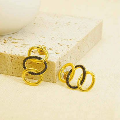 Golden Hammered Triple Black Stones Hoop Earrings