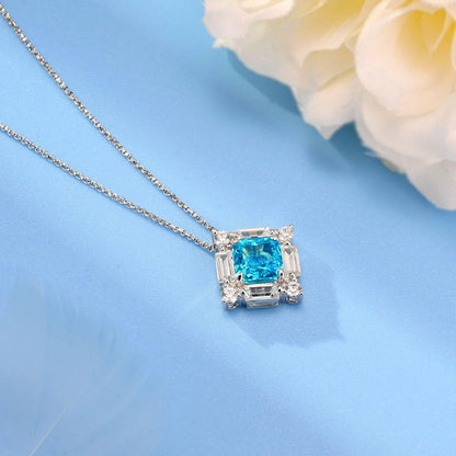 White Gold Square Cut Blue Gem Halo Pendant Chain