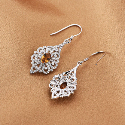 White Gold Hollow Retro Orange Gem Dangle Earrings