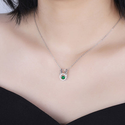 White Gold Elk Shape Hollow Beating Emerald Chain