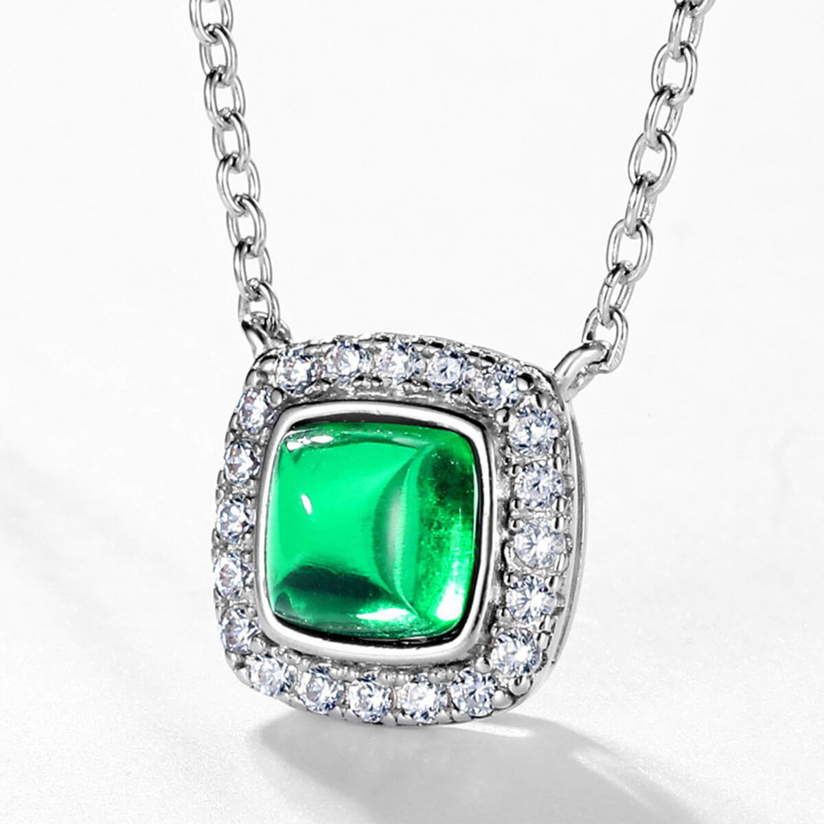 White Gold Cushion Shape Halo Emerald Chain