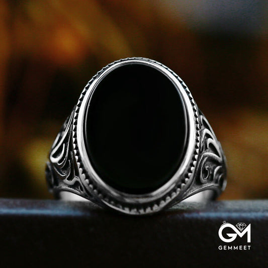 Vintage Viking Stainless Steel Engraved Black Agate Ring