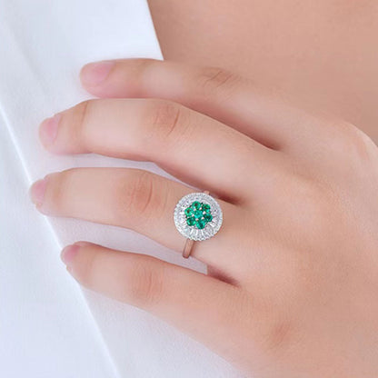 White Gold Circle Halo Emerald Signet Ring