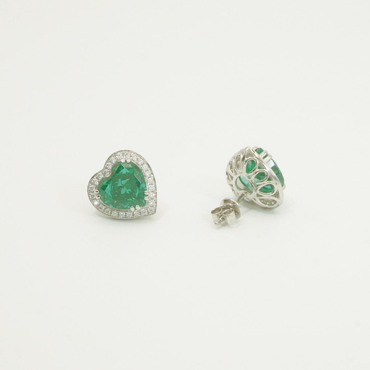 White Gold Plating Heart Shape Emerald Gem Full Stones Stud Earrings