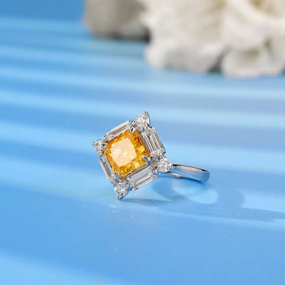 White Gold S925 Silver Square Cut Yellow Gem Signet Ring