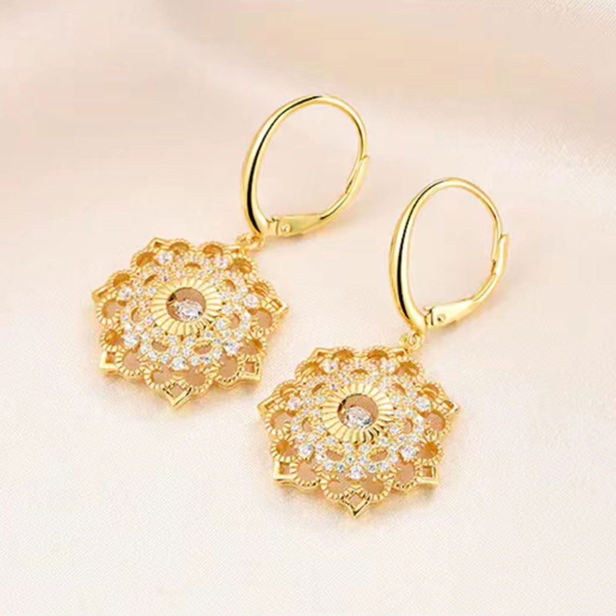 Gold Flower Shape Full Stones Hollow Dangle Earrings