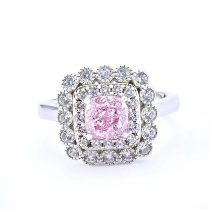 White Gold Cushion Shape Layered Stones Pink Gem Halo Ring