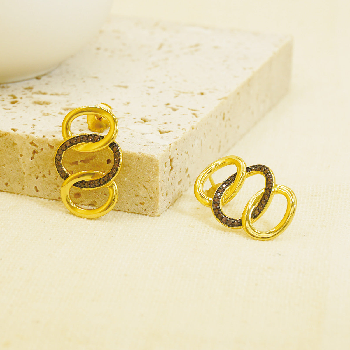 Gold Hammered Triple Brown Stones Hoop Earrings