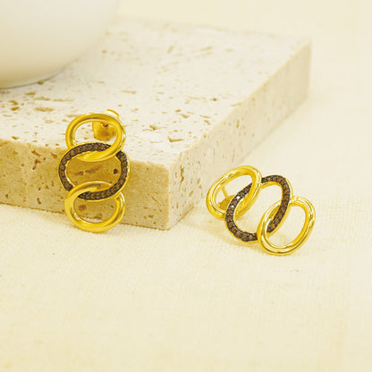 Gold Hammered Triple Brown Stones Hoop Earrings