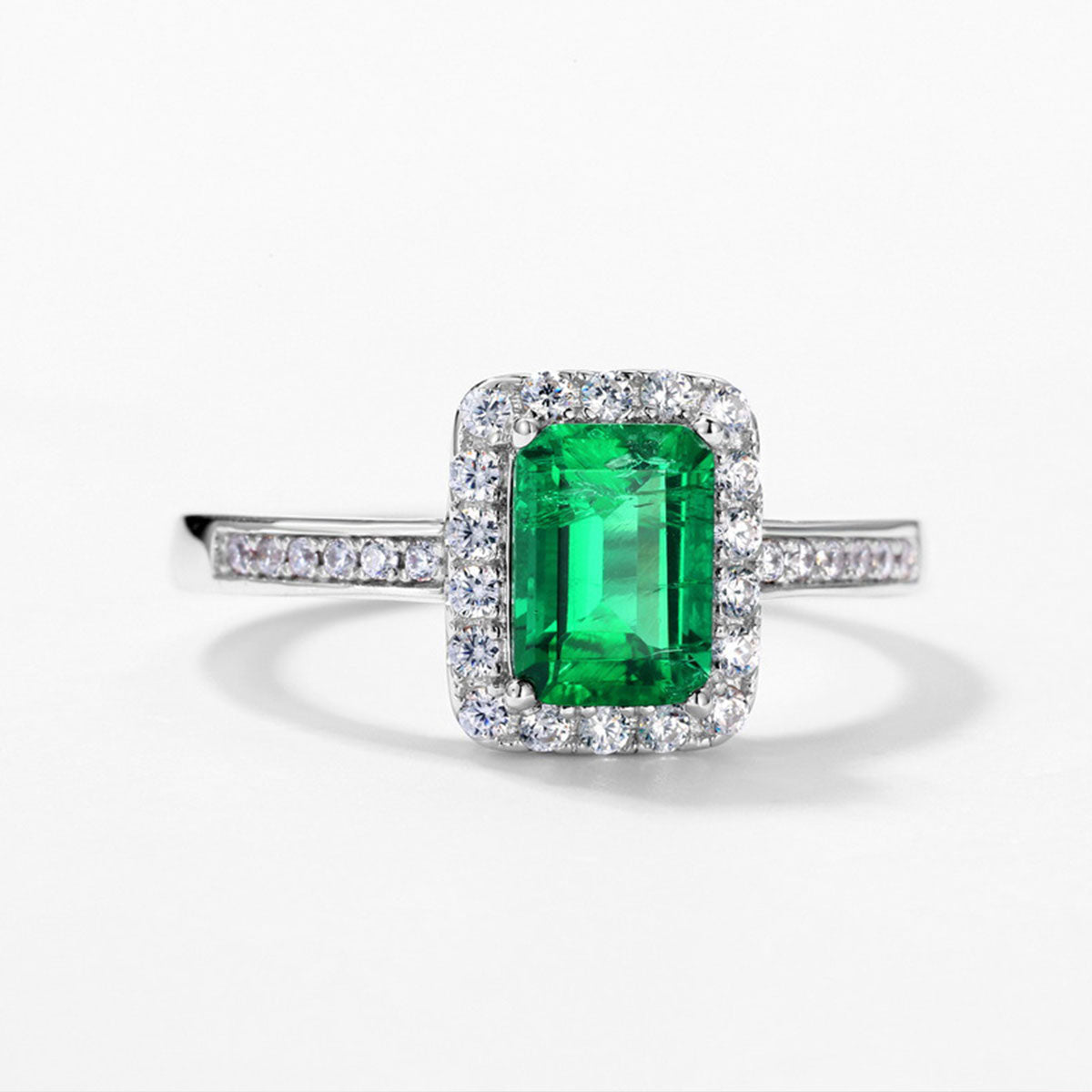 White Gold S925 Square Cut Emerald Halo Ring