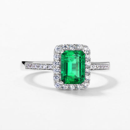 White Gold S925 Square Cut Emerald Halo Ring