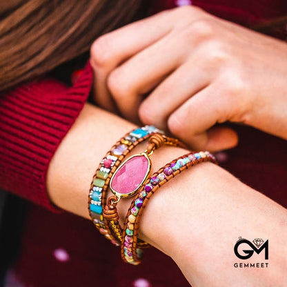 Natural Rhodochrosite Handwoven Ladies Wrap Bracelet