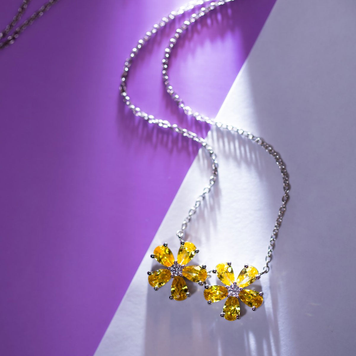 Double Flower Yellow Gem Pendant Chain