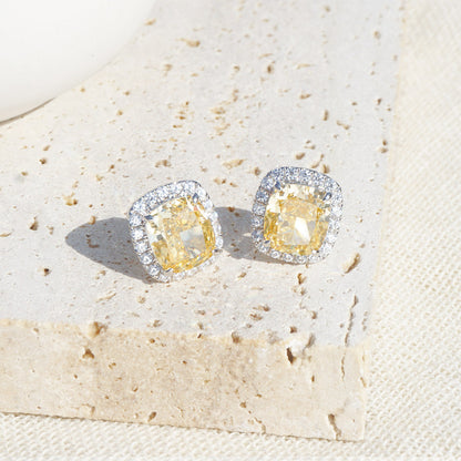 White Gold Plating Square Yellow Sapphire Full Stones Stud Earrings