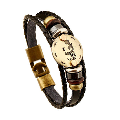 Zodiac Cowhide Simple Multi-layer Retro Braided Couple Leather Bracelet