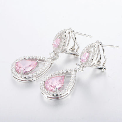 White Gold Hollow Pear Shape Drop Earrings with Pink Sapphire