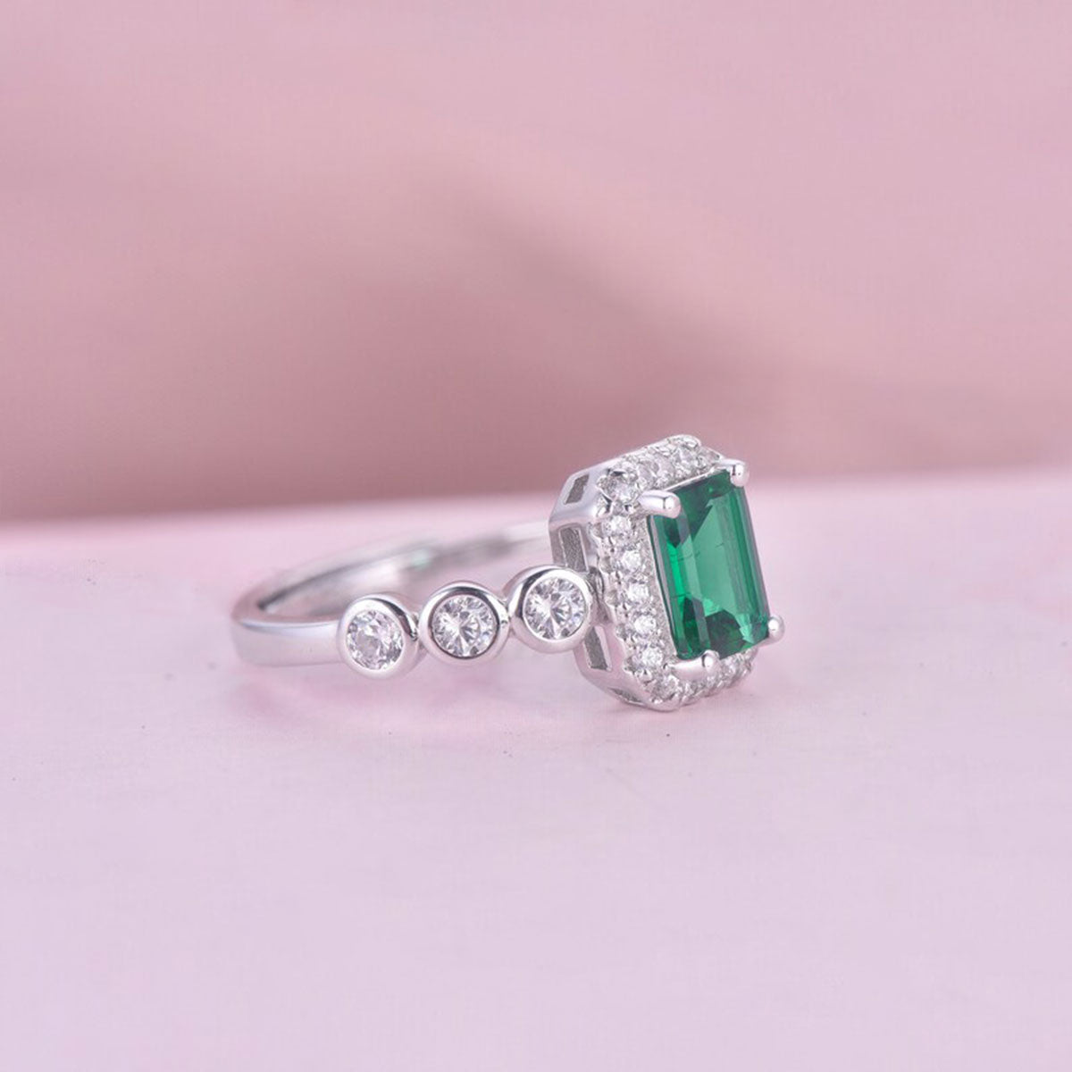 White Gold S925 Silver Rectangle Shape Emerald Signet Ring