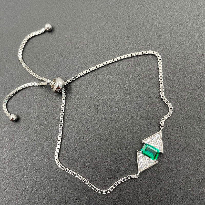 White Gold Geometric Emerald Gem Adjustable Link Bracelet