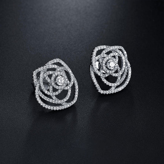 White Gold Rose Shape Full Stones Hollow Stud Earrings