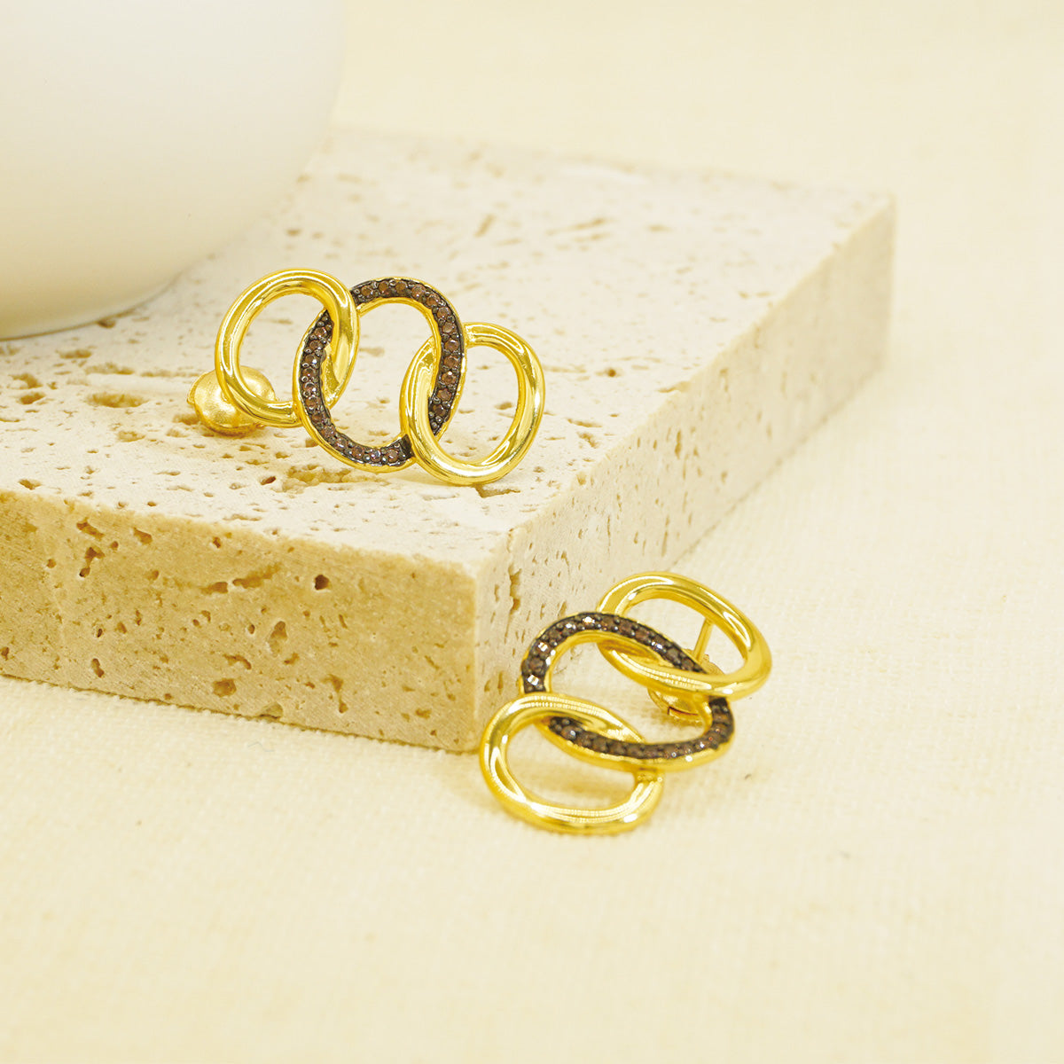 Gold Hammered Triple Brown Stones Hoop Earrings